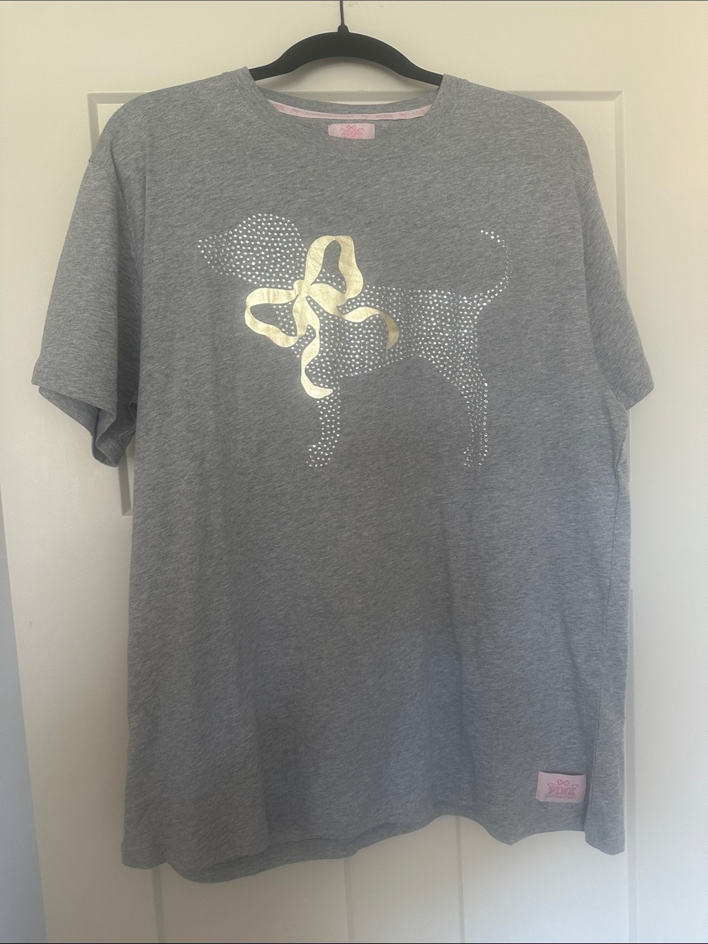 LoveShackFancy Grey Short-Sleeve Tee with Gold Bow Dog Graphic